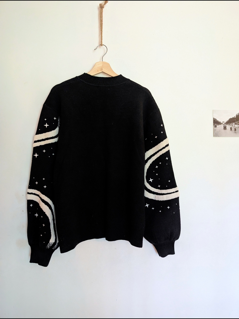 Black Crewneck Sweater with Cream Star & Wave Sleeves - Picture 3 of 3